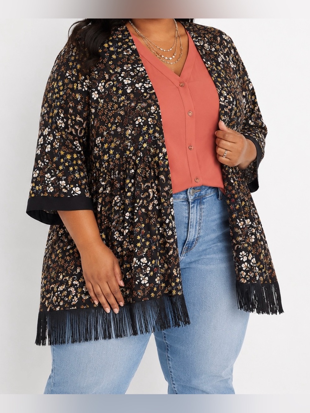 Maurices XXL Black Muted Floral Fringe Kimono 3/4 Sleeves